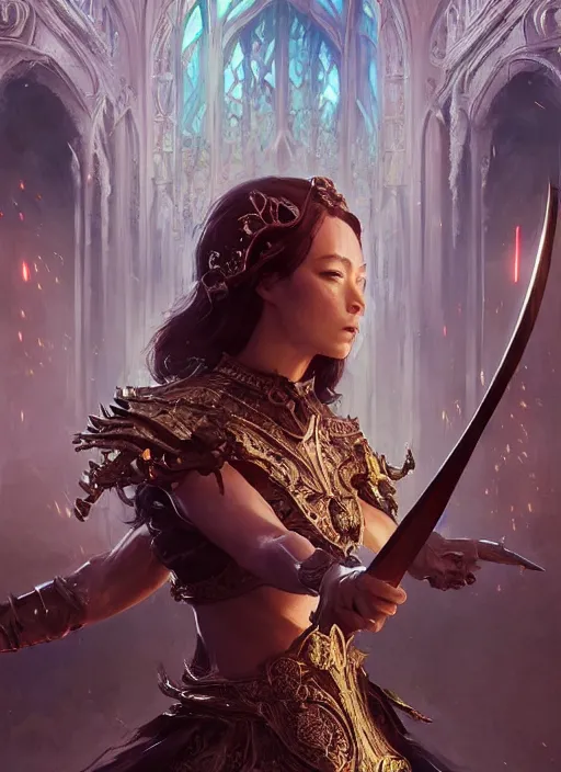 Image similar to legendary sword of technology, ornate gothic baroque spikes, glowing seams, detailed realistic, ray tracing, colored gems, art by wlop and greg rutkowski and artgerm