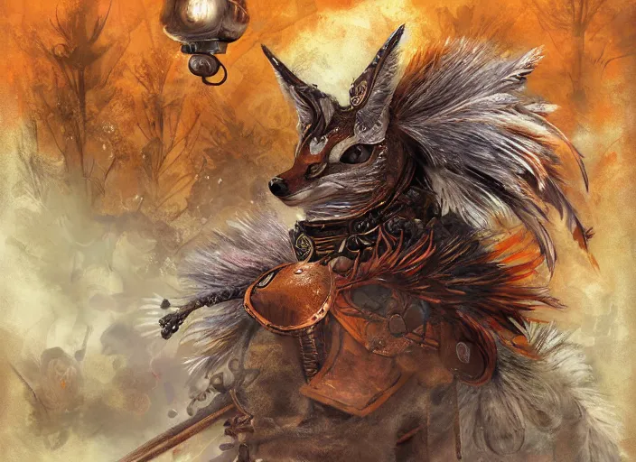 Image similar to ashigaru steampunk - inspired feathered fox, colorful plumage, lacquered armor, cute but determined, hard focus, art station, by jessica rossier and brian froud, cinematic fantasy painting, orange grey white, in a woodland glade