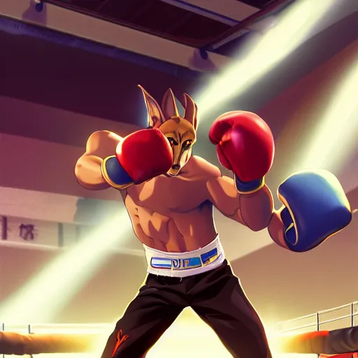 Image similar to anime key visual of anthro anubis as a boxer in a boxing ring, strong spotlights, 4 k, trending on artstation, smooth and sharp focus, illustration, digital painting, art by sakimichan and artgerm and wlop