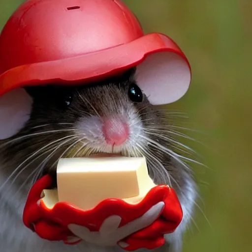 Image similar to mouse with red helmet eating cheese