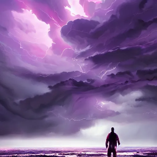 Prompt: a giant man, standing over violent stormy waters, massive electrical storm clouds in epic purple sky, dark night, digital art, cinematic, hd, trending on artstation