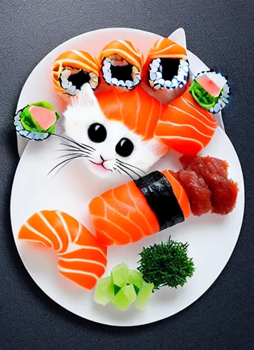 Image similar to clear photorealistic picture of adorable cats made out of sushi