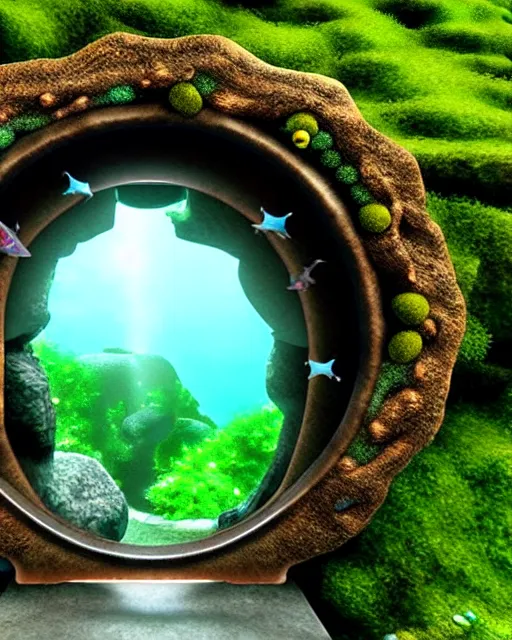 Image similar to underwater otherworldly stargate, entrance to atlantis populated sealife, moss, rocks, epic scenery, far, starry gate photorealistic