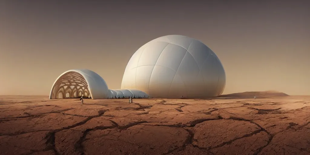 Prompt: a strange huge transparent pvc inflated organic architecture building white by jonathan de pas sits in the planet mars landscape, golden hour, film still from the movie directed by denis villeneuve with art direction by zdzisław beksinski, close up, telephoto lens, shallow depth of field