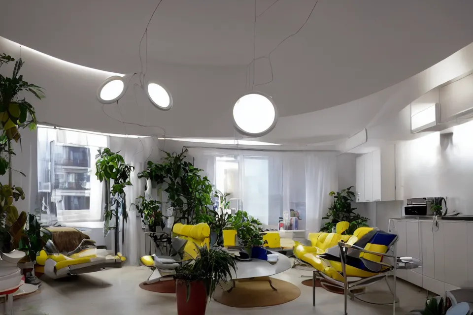 Image similar to retro futuristic apartment with lighting design by kubrick moonbase style, 7 0 s hi fi system, funky furniture, house plants, modern art