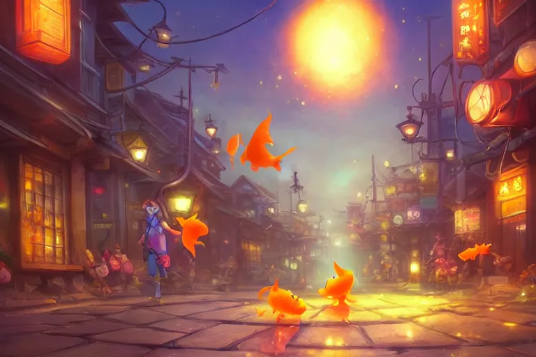 Image similar to fantasy art of glowing goldfish swimming in the air, in the streets of a japanese town at night, with people watching in wonder, by tyler edlin, highly detailed digital art, trending on artstation