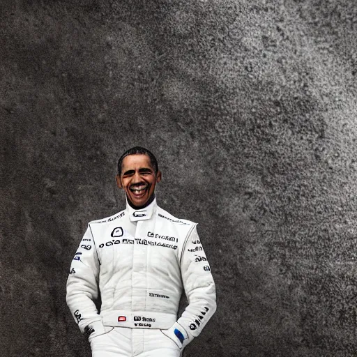 Image similar to a portrait of a mercedes f 1 driver in a white overall with the face of barack obama, outdoor, professional portrait photography, ambient light