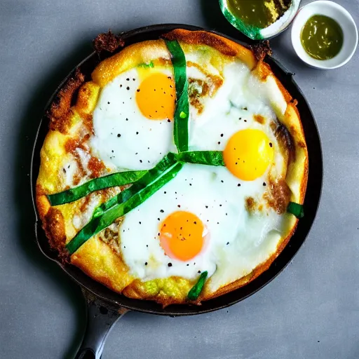 Image similar to a delicious fried egg deep dish pizza with green ketchup sauce.