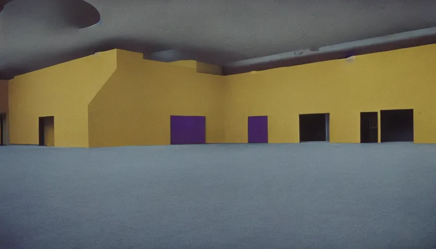 Image similar to 60s movie still of a sovietic stalinist style empty art museum with a soviet congress with yellow wall, LOMOCHROME PURPLE FILM 100-400 35MM, liminal Space style, heavy grain