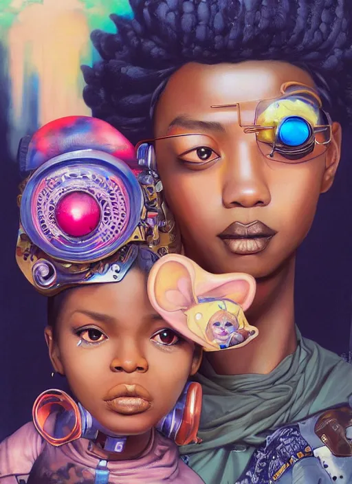 Prompt: beautiful portrait painting of a cute African lofi cyberpunk princess and her corgi assassin king, by Afarin Sajedi, Alessandro Barbucci, Alex Gross, Shin Jeongho, Shohei Otomo. trending on Artstation, 8k, masterpiece, face enhance, graffiti paint, fine detail, full of color, intricate detail, golden ratio illustration