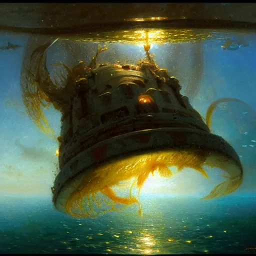 Image similar to point of view of deep in the ocean looking up, you see fishes, higher up you see the splendorous milk way illuminating the sea. highly detailed painting by gaston bussiere, greg rutkowski 8 k