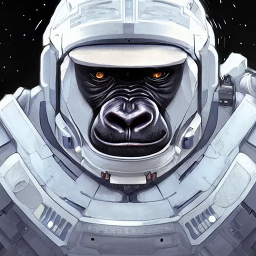 Image similar to science-fiction character portrait of a gorilla wearing a white armored space suit, intricate, wild, highly detailed, digital painting, artstation, shoulders up, concept art, smooth, sharp focus, illustration, art by artgerm and greg rutkowski and alphonse mucha