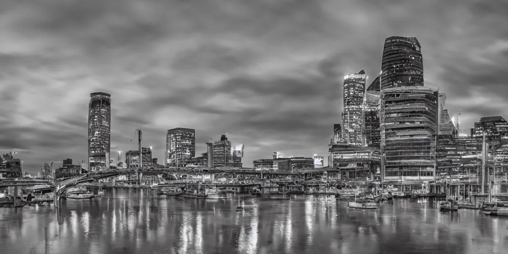 Image similar to docklands in london, night, dimly lit cirrus clouds, long exposure, architecture photography, no hdr, ultrawide image