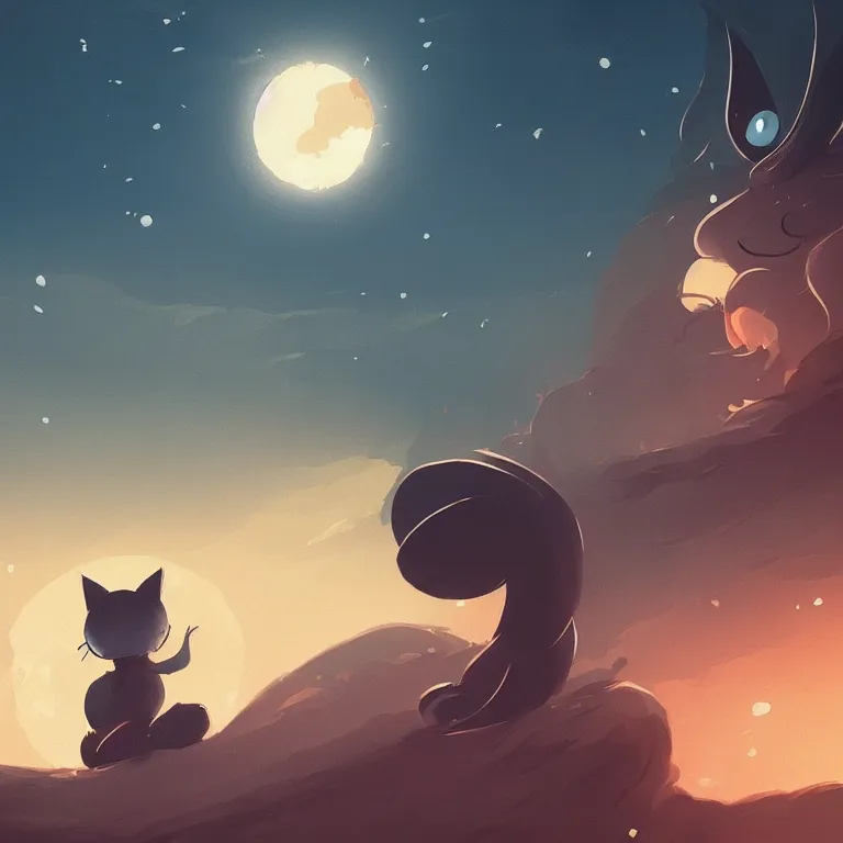 Image similar to cat looking at the sea with a big red moon reflecting in the sea, night, light rays, clouds, trending artstation, low angle, in the style of Hollow Knight