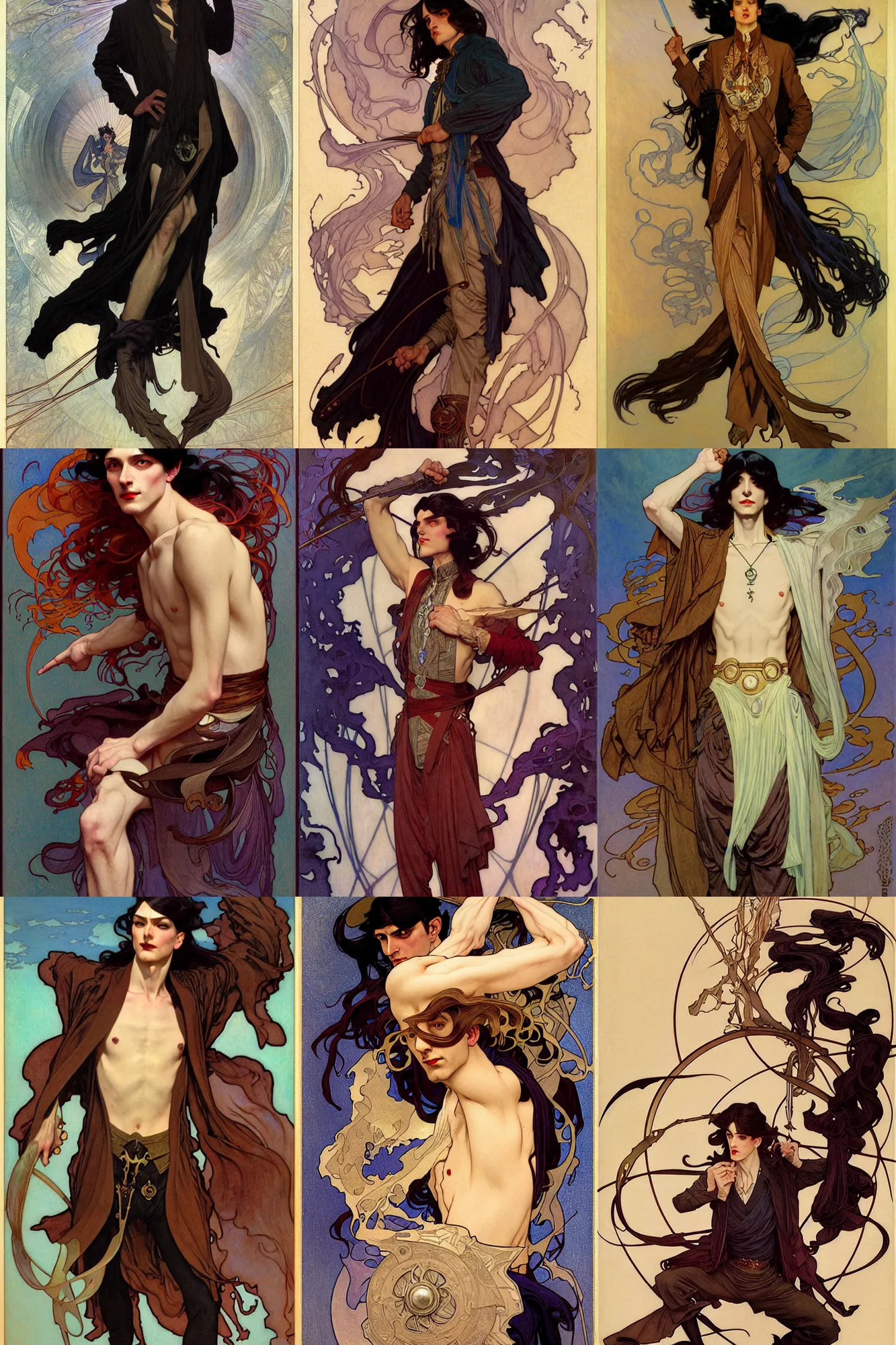 Prompt: thin male mage with long dark hair, 1 9 2 0 s fashion, fantasy, art by joseph leyendecker, peter mohrbacher, ruan jia, finnian macmanus, marc simonetti, ayami kojima, vasnetsov, cedric peyravernay, alphonse mucha