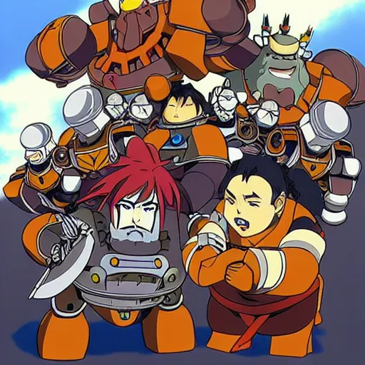 Prompt: dwarves fighting robots, anime by Hayao Miyazaki