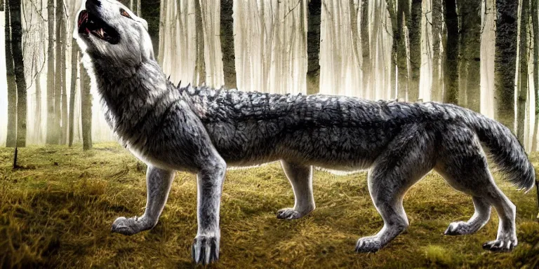 Prompt: chimera made of a wolf and a crocodile, awarded on pixiv, trending on deviantart, headshot, realistic birch wood swamp, professional photoshop utilizing real life photos