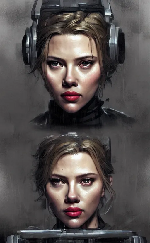 Image similar to scarlett johansonn by banksy, looking at camera, intricate, dystopian, sci-fi, extremely detailed, digital painting, artstation, concept art, smooth, sharp focus, illustration, intimidating lighting, incredible art by artgerm and greg rutkowski and alphonse mucha and simon stalenhag