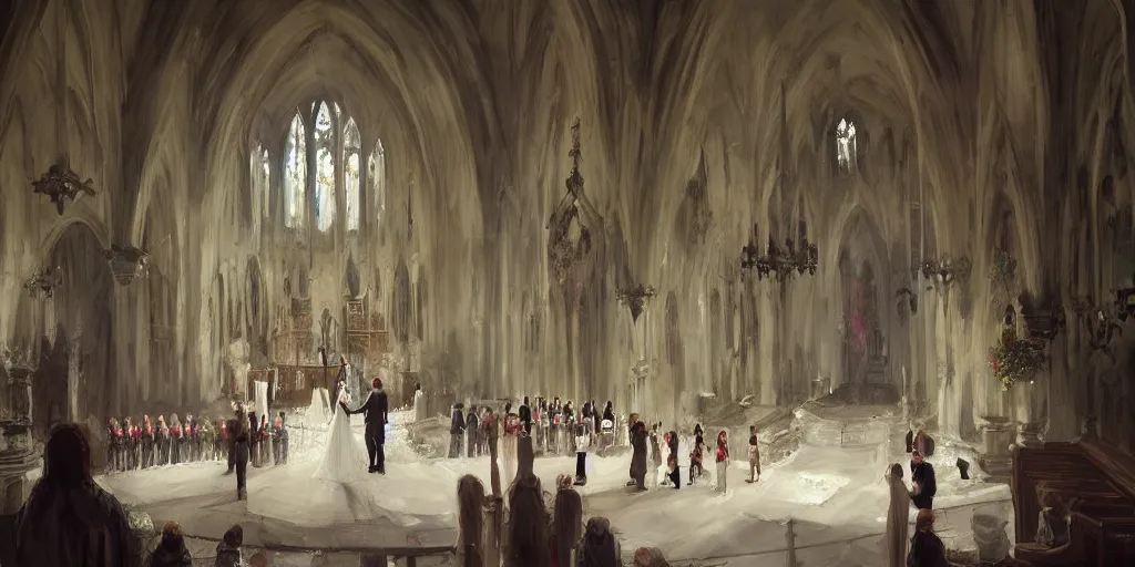 Prompt: a beautiful painting of wedding in the church, greg rutkowski style, trending on artstation