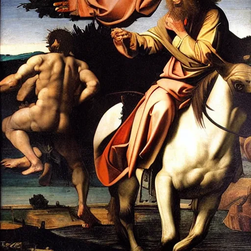 Prompt: Jesus Christ riding a seqway across water, Caravaggio