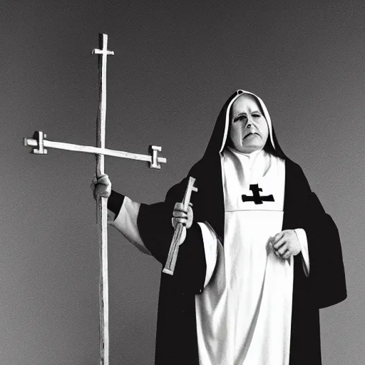 Prompt: Evil nun of satan brandishing multiple crucifixes like nun-chucks while posing like the child that screams I have god and anime on my side, realistic