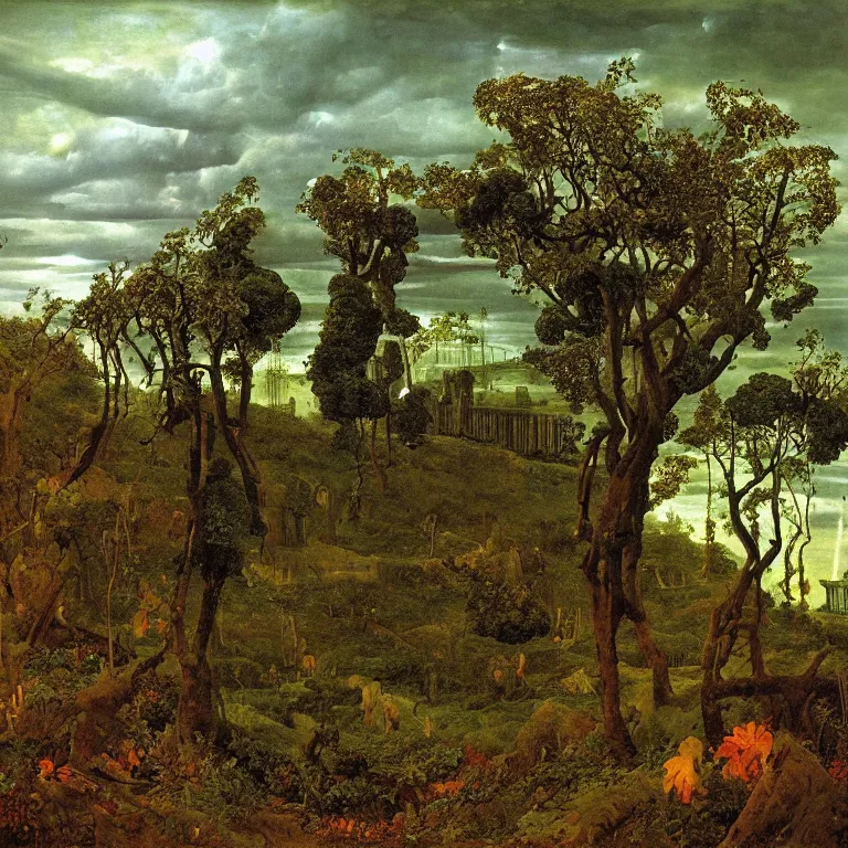 Image similar to Apocalypse with vegetation, leaves, creepers, ivy, ferns taking over the industrial, toxic, machinery, cities. Thunderstorm, autumn light. Painting by Caspar David Friedrich, Pontormo