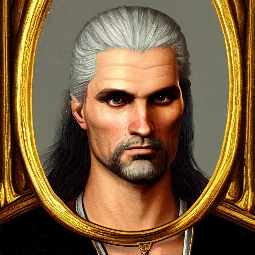 Image similar to a renaissance style portrait painting of Geralt de Rivia