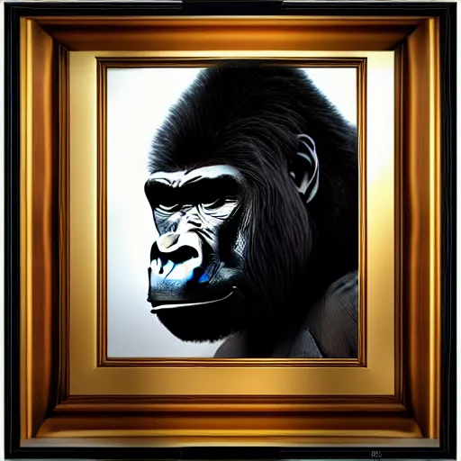 Image similar to Gorilla looking at a framed portrait of a man, hyperrealistic, concept art, 8k, artstation, cinematic, volumetric lighting