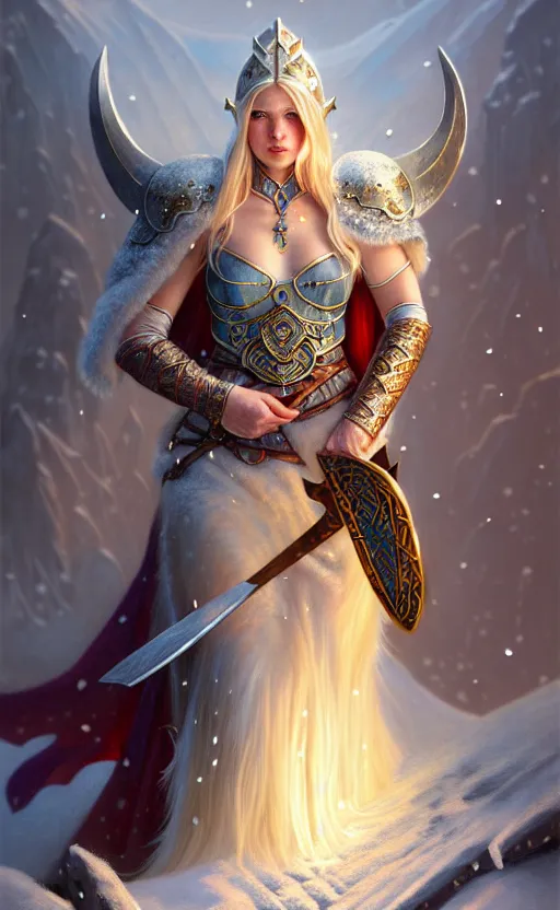 Image similar to opal viking warrior, regal, elegant, winter, snow, beautiful, stunning, hd, illustration, epic, d & d, fantasy, intricate, elegant, highly detailed, wide angle, digital painting, artstation, concept art, smooth, sharp focus, illustration, wallpaper, art by artgerm and greg rutkowski and alphonse mucha and jin xiaodi