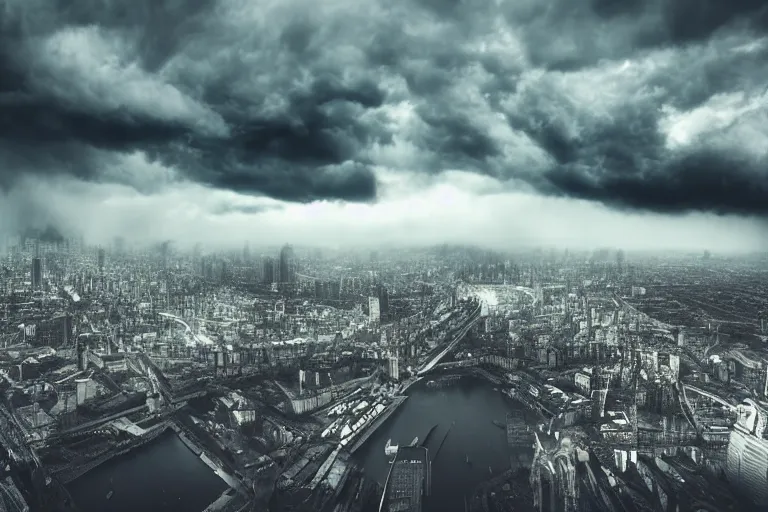 Prompt: dark menacing clouds approaching a city, clouds, photography, hd, moody, realistic, by karcz, michal, by lacoste, raphael