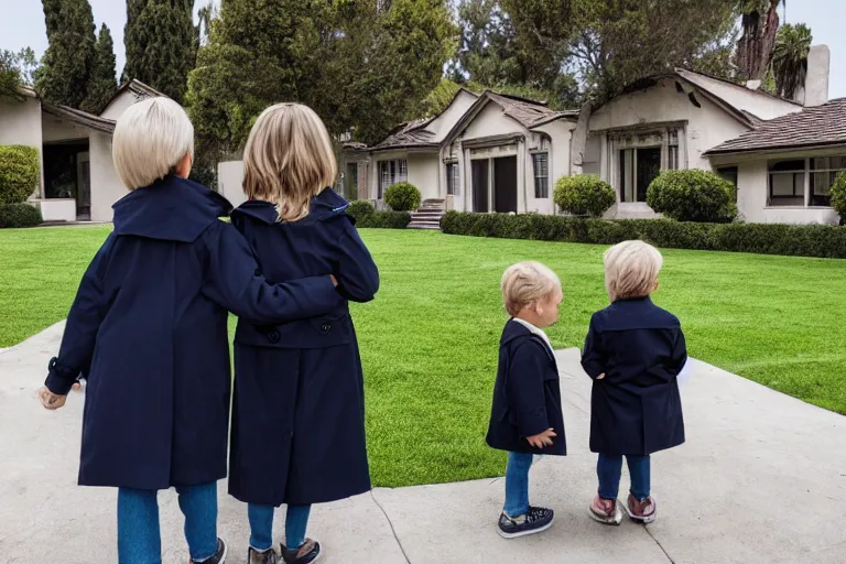 Image similar to two children in a trenchcoat buying a los angeles mansion from a real estate agent