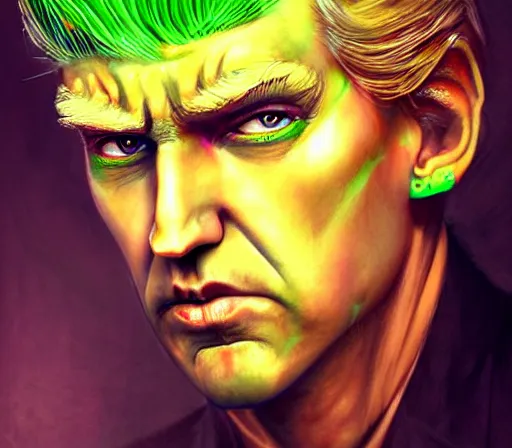 Image similar to a Demon Slayer portrait ofDonald Trump , tall, pale-skinned, and slender with lime green eyes and long eyelashes by Stanely Artgerm,Tom Bagshaw,arthur adams,Carne Griffiths,trending on DeviantArt,street art,face enhance,chillwave,maximalist,full of color, glittering