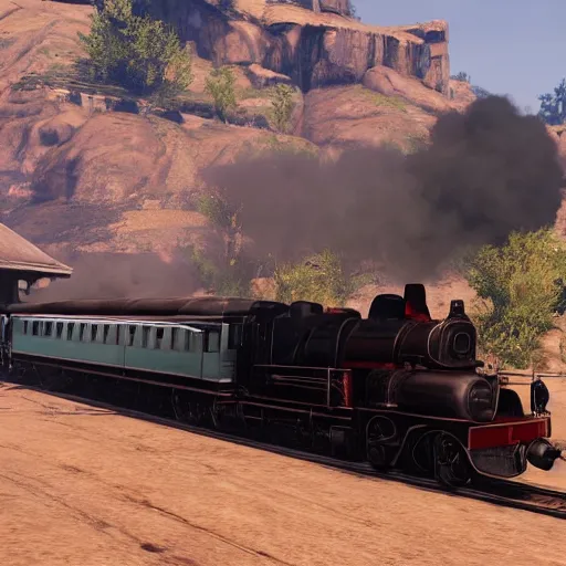 Image similar to futuristic sleek steam locomotive in red dead redemption 2