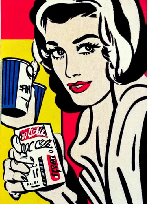 Image similar to a portrait of a woman advertising coke, 1 9 5 0's, punk by roy lichtenstein