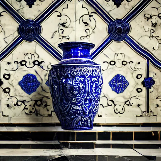 Prompt: an ornate baroque vase breaking on the marble tile floor, exploding into dust, dark - blue light - blue gold silver white black beige, volumetric dust rays, intricate detail, ultra realistic, cinematic lighting, moody, wet, shiny,