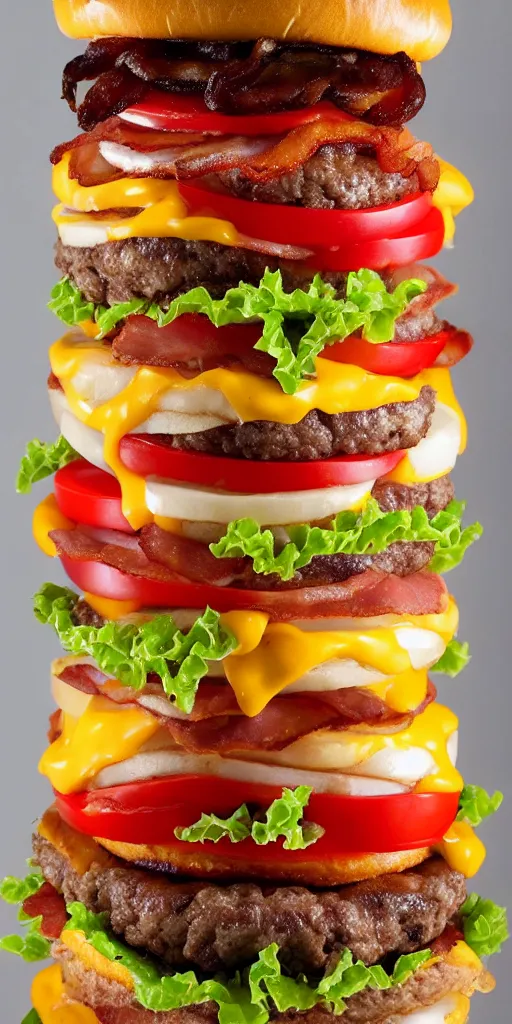 Image similar to a cheeseburger tower made of gigantic stacks of meat patties, bacon, onion rings, tomatoes, lettuce and cheese slices with a bun on each side, delicious looking burger - stack - tower