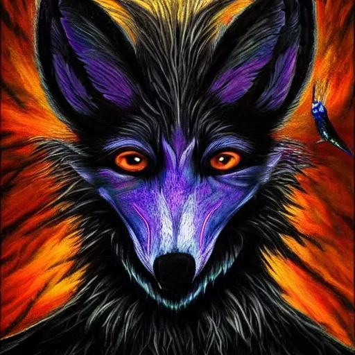 Image similar to a realistic blacklight black velvet painting of an avatar of an awesome foxfolk mage with a fox skull face, hummingbird feathers for fur, themed around death and astronomy, in the style of dnd beyond avatar portraits, beautiful, artistic, elegant, lens flare, magical, lens flare, nature, realism, stylized, art by jeff easley