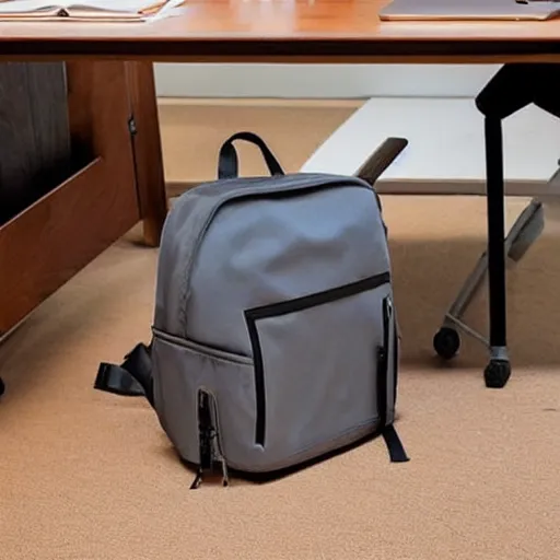 Image similar to a backpack is put under a table, backpack under a table