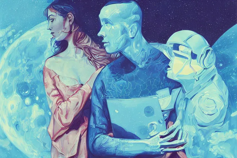 Image similar to a painting of a man and a woman in space, a computer rendering by James Jean, featured on behance, feminist art, photoillustration, surrealist, behance hd