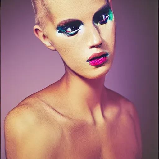 Image similar to medium format color portrait of a model with surreal style, studio lighting