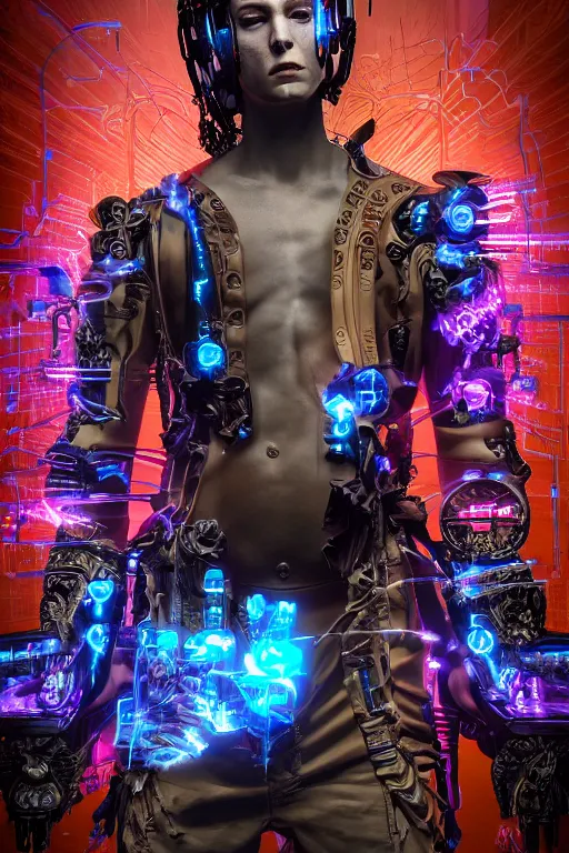 Image similar to full-body cyberpunk style sculpture of a young handsome Colombian prince half android with a chest opening exposing circuitry and electric sparks, glowing pink eyes, crown of blue flowers, flowing salmon-colored silk, fabric, raptors. baroque elements. full-length view. baroque element. intricate artwork by caravaggio. many many birds birds on background. Trending on artstation, octane render, cinematic lighting from the right, hyper realism, octane render, 8k, depth of field, 3D