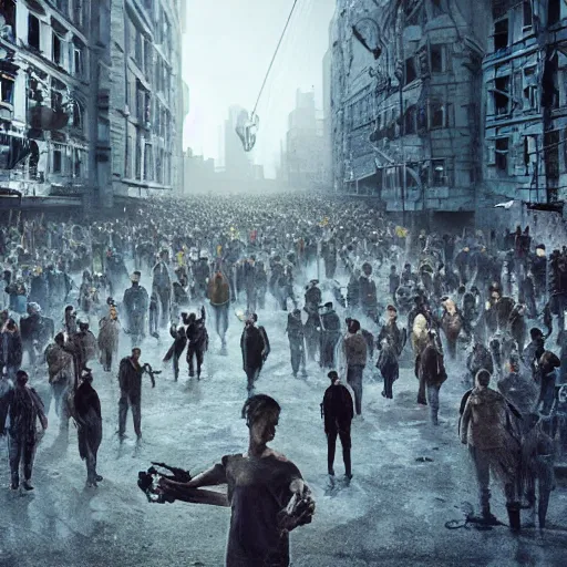 Image similar to hordes of drone-like people aimlessly walking around a depressing dystopian cityscape , trending on artststion, hyper realistic, surreal, melancholic, 8k, upscaled