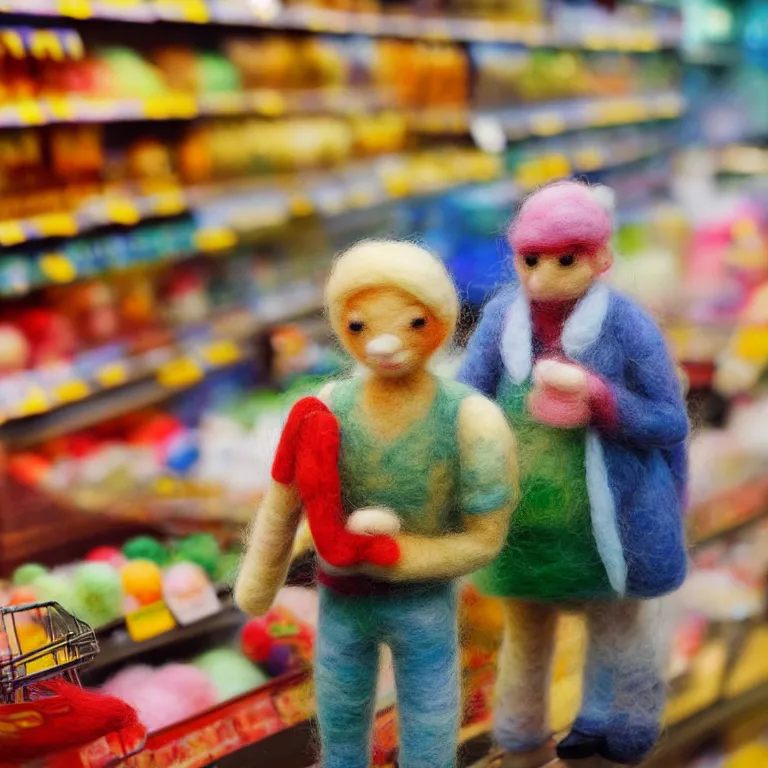 Prompt: needle felted person paying for the supermarket, highly detailed, tilt shift, cute, hyperrealism, highly textured, god rays