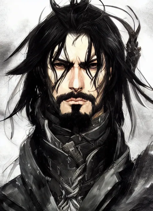 Image similar to Half body portrait of a handsome elven warrior with long black hair and facial hair wearing a black jacket. In style of Yoji Shinkawa and Hyung-tae Kim, trending on ArtStation, dark fantasy, great composition, concept art, highly detailed.