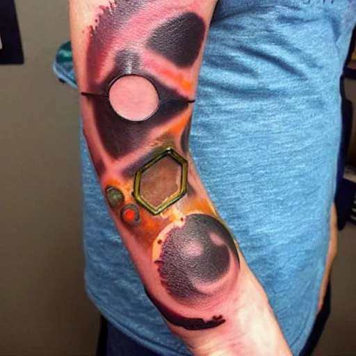 Image similar to arm tattoo of a 3 d hole in the skin with multicolored robotic mechanics inside under the skin, insanely integrate, 3 d