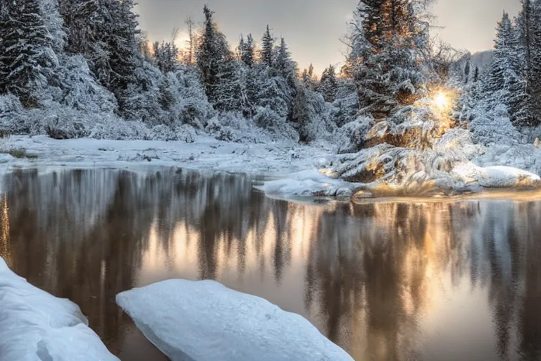 Prompt: amazing landscape photo of a lake house in winter by marc adamus beautiful dramatic lighting,