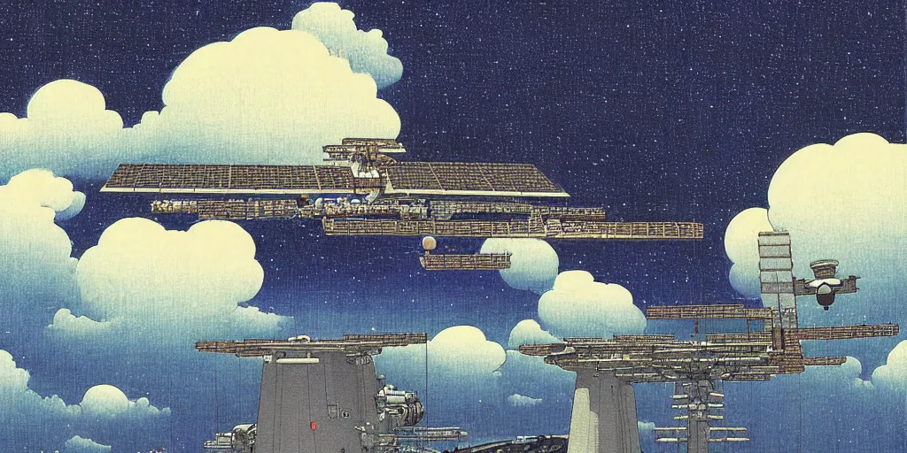 Image similar to a space station by kawase hasui. hd