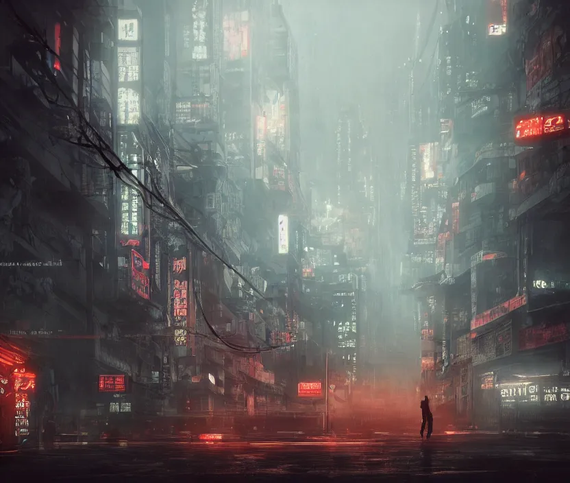 Image similar to 'a samurai in night city cyberpunk thematic , gloomy and foggy atmosphere, octane render, artstation trending, horror scene, highly detailded'