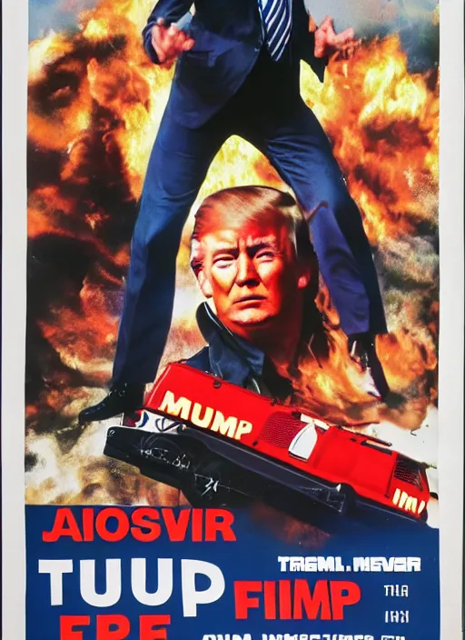 Image similar to an 8 0's john alvin action movie poster of donald trump starring in trumpster fire. explosions.