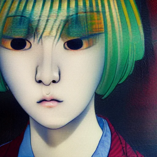 Image similar to yoshitaka amano blurred and dreamy realistic three quarter angle portrait of a young woman with short hair and black eyes wearing office suit with tie, junji ito abstract patterns in the background, satoshi kon anime, noisy film grain effect, highly detailed, renaissance oil painting, weird portrait angle, blurred lost edges